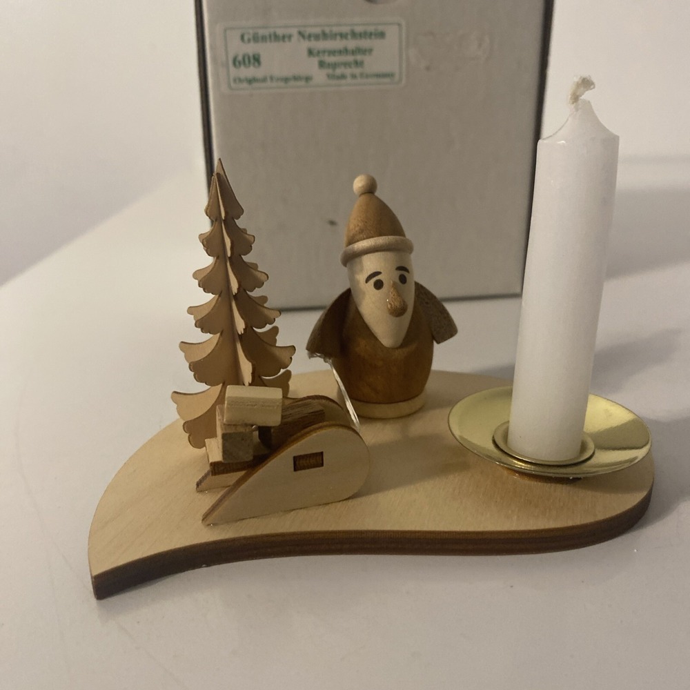 ERZGEBIRGE Santa with Tree Sled Wood Figurine Germany Miniature Candle
